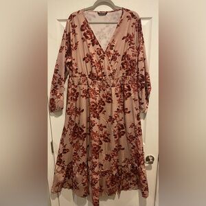 Never Worn Bloom Chic Floral Wrap Lantern Sleeve Pocket Shirred Ruffle Hem Dress